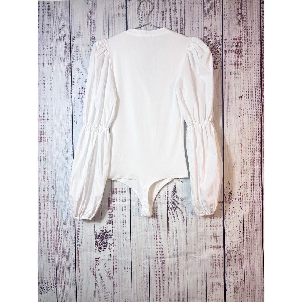 NWT Express White Ribbed Puff Sleeve Bodysuit Small Clean Girl Minimalist - Picture 2 of 8